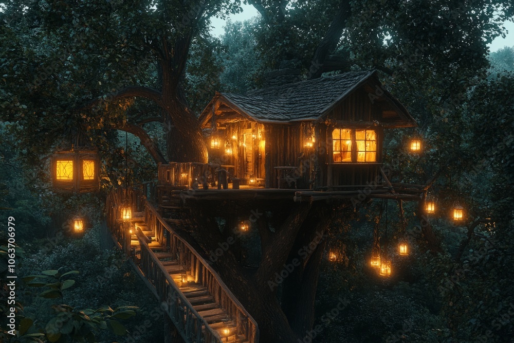 Cozy tree house illuminated by lanterns in a magical forest at night Cozy tree house illuminated by lanterns in a magical forest at night