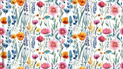 Wild field herbs and flowers in a seamless watercolor pattern perfect for wedding stationery and nature inspired backgrounds