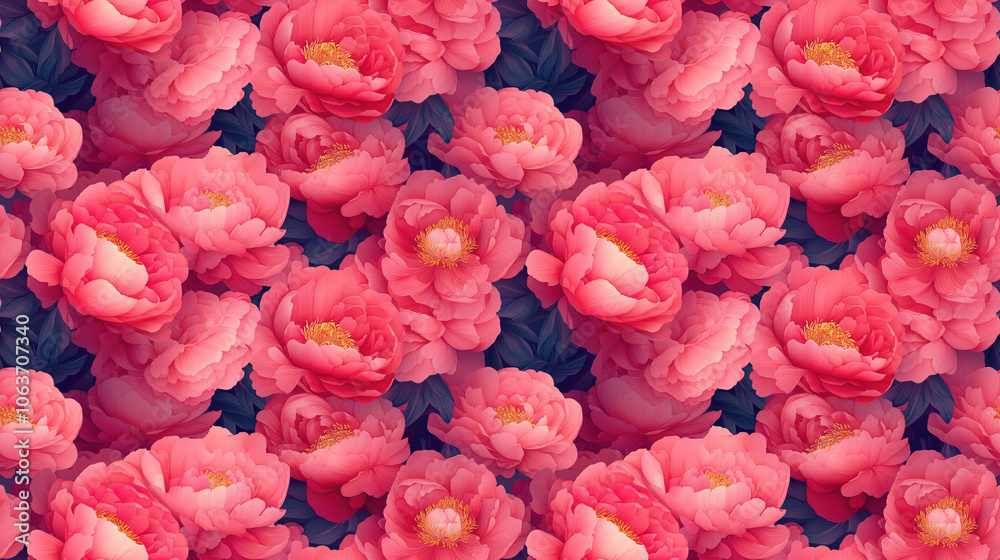 Seamless design of vibrant pink peony flowers illustrated in a decorative pattern for textiles and wallpapers