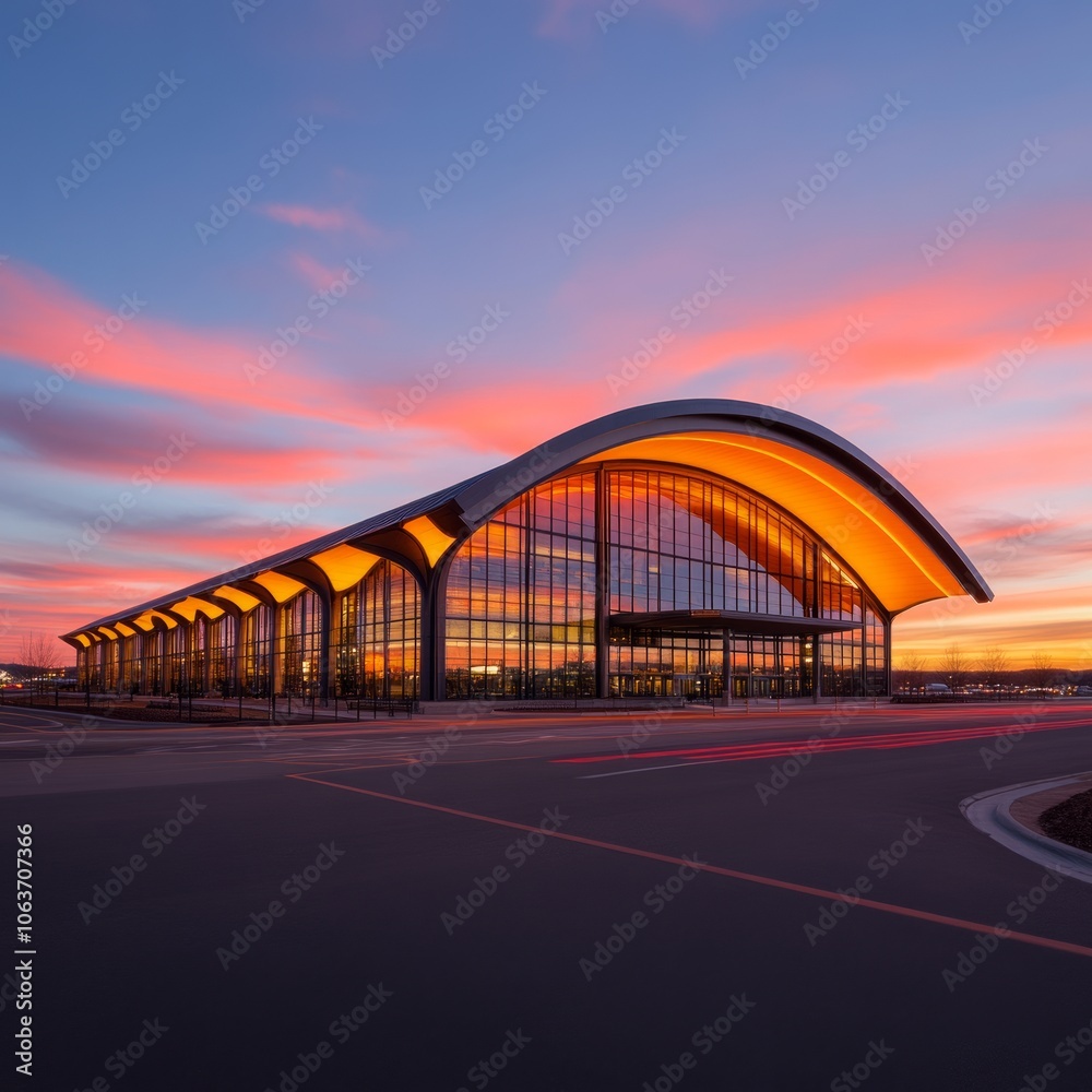 Fototapeta premium Modern airport terminal illuminated at sunset with vibrant sky colors.