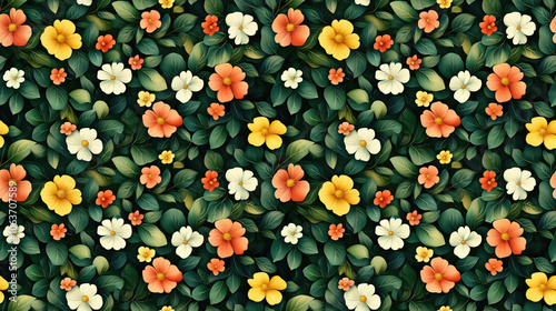 Seamless pattern featuring blooming flowers and lush green leaves ideal for textile design and home decor