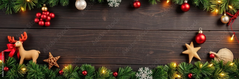 Christmas decorations including red and green ornaments, strings of lights, and a wooden reindeer figurine, set against a rustic wooden background, yuletide, decor, decoration Christmas decorations including red and green ornaments, strings of lights, and a wooden reindeer figurine, set against a rustic wooden background, yuletide, decor, decoration