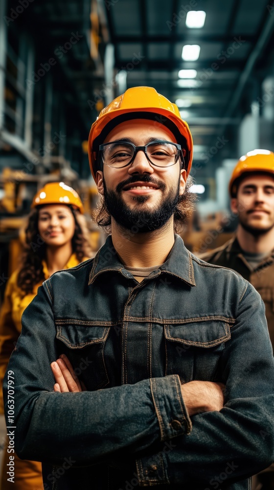 Diverse team of skilled workers proudly standing in a modern industrial facility under bright lights Diverse team of skilled workers proudly standing in a modern industrial facility under bright lights