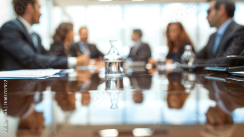 Business team in formal attire having a productive discussion around a large conference table, engaging in corporate teamwork and strategic planning