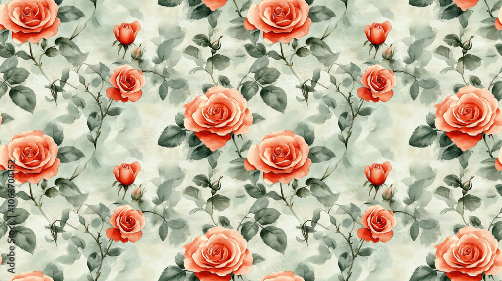 Fototapeta premium Seamless watercolor pattern featuring delicate roses on a soft floral background ideal for textile design or home decor