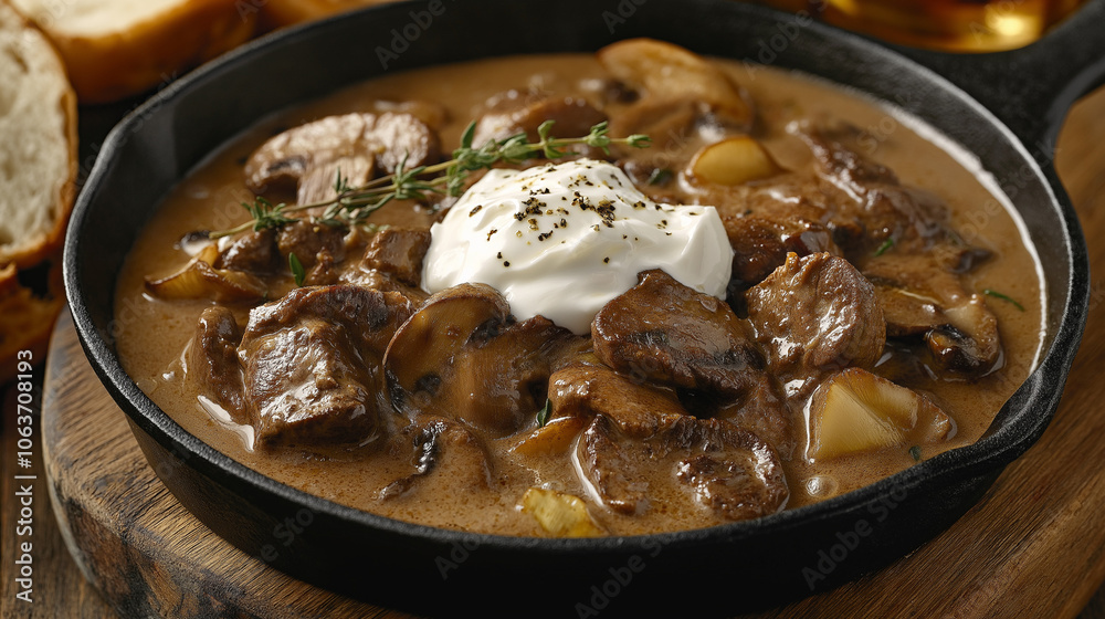 A rustic iron skillet filled with creamy beef stroganoff, featuring tender beef and golden mushrooms. Topped with thyme and sour cream, it's served on a wooden board with crusty bread. A rustic iron skillet filled with creamy beef stroganoff, featuring tender beef and golden mushrooms. Topped with thyme and sour cream, it's served on a wooden board with crusty bread.