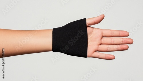 A black, fingerless glove rests on an outstretched hand against a plain backdrop, showcasing its texture and design. photo