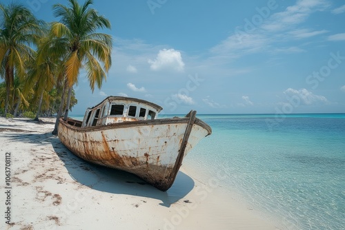 Fototapeta Naklejka Na Ścianę i Meble -  Abandoned boat resting on tropical beach with palm trees