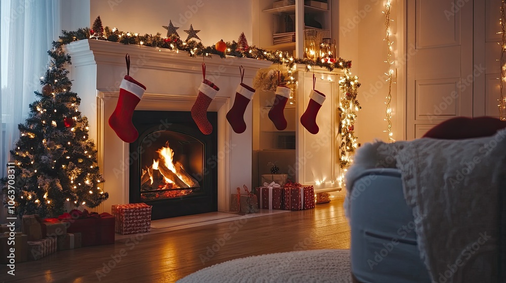 Beautifully decorated fireplace with stockings and lights Beautifully decorated fireplace with stockings and lights