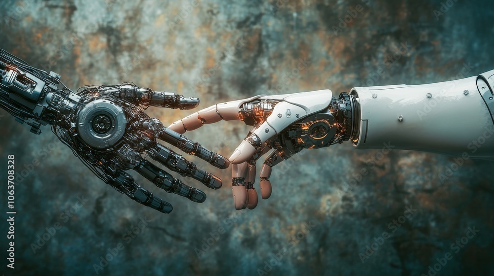 Fototapeta premium A vertical composition of a human and a robotic arm, both grasping the same gear, symbolizing the merging of technology and humanity.