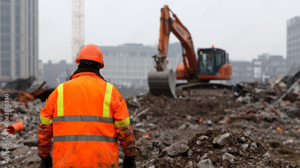 A construction worker in an orange safety jacket observes heavy machinery at a demolition site surrounded by rubble. A construction worker in an orange safety jacket observes heavy machinery at a demolition site surrounded by rubble.