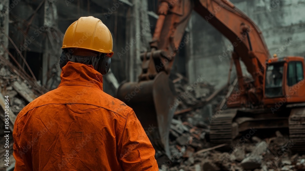 A construction worker in an orange jacket and helmet observes heavy machinery at a demolition site amidst rubble and debris. A construction worker in an orange jacket and helmet observes heavy machinery at a demolition site amidst rubble and debris.