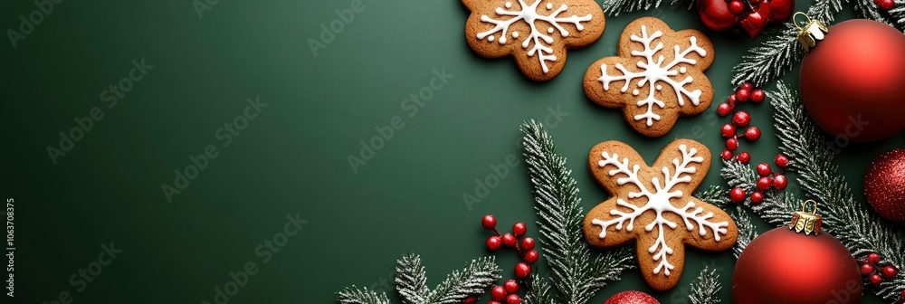 Naklejka premium Festive Christmas Decorations with Gingerbread Cookies and Red Ornaments