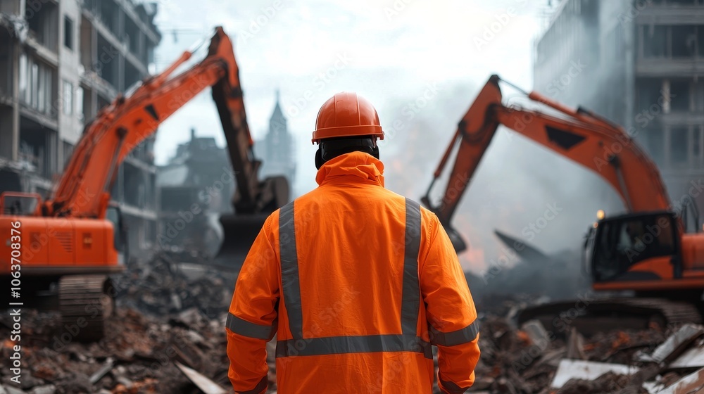 A construction worker in an orange safety suit stands amidst rubble, with excavators working in a smoky, post-demolition scene. A construction worker in an orange safety suit stands amidst rubble, with excavators working in a smoky, post-demolition scene.