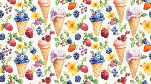 Fototapeta Naklejka Na Ścianę i Meble -  Bright watercolor seamless pattern featuring ice cream flowers bags books berries and leaves on a light background perfect for postcards and design projects