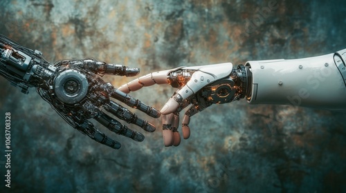 A vertical composition of a human and a robotic arm, both grasping the same gear, symbolizing the merging of technology and humanity. photo