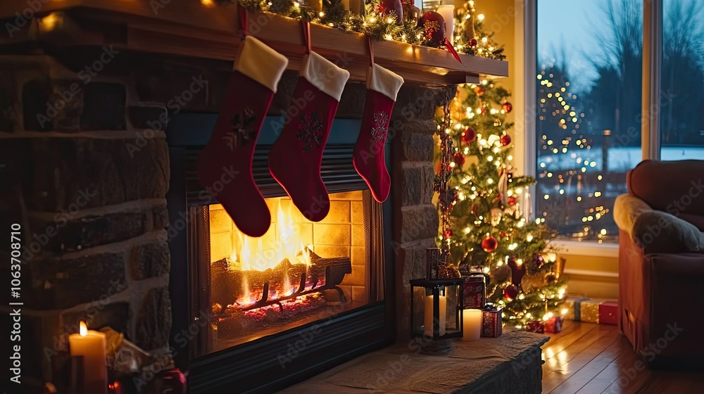 Beautifully decorated fireplace with stockings and lights Beautifully decorated fireplace with stockings and lights