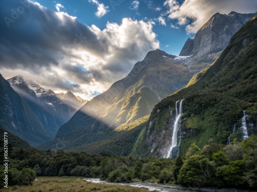 Breathtaking Fiordland National Park Landscape Featuring Majestic Mountains and Lush Greenery photo