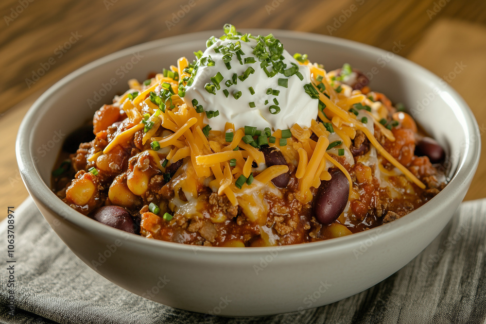Bowl of Hearty Chili Topped with Sour Cream and Shredded Cheese, Comfort Food Favorite Bowl of Hearty Chili Topped with Sour Cream and Shredded Cheese, Comfort Food Favorite