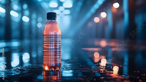 Water Bottle Reflection in Wet City Street.