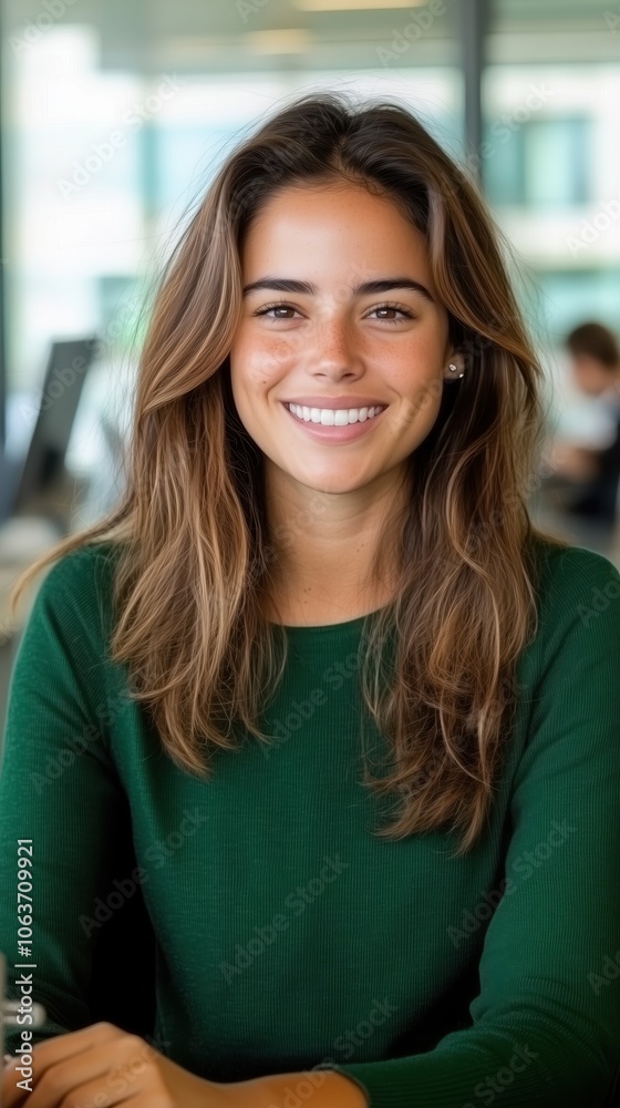 Smiling female employee in a modern office engaged with benefits displayed on her computer Smiling female employee in a modern office engaged with benefits displayed on her computer