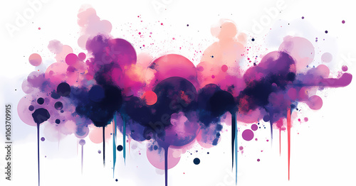 A captivating abstract composition of overlapping circles and splatters in shades of pink, purple, and orange, with dripping effects on a white background.