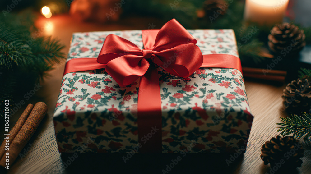A red and white gift box with a bow on top sits on a wooden table A red and white gift box with a bow on top sits on a wooden table
