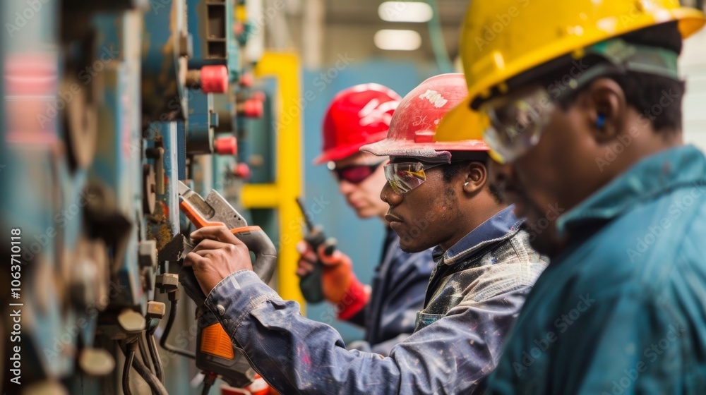 The trainer demonstrates the correct way to use power tools while the trainees diligently follow along and practice their skills. The trainer demonstrates the correct way to use power tools while the trainees diligently follow along and practice their skills.