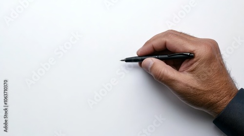 Handwriting Note: Close-up of a man's hand writing with a black pen on white paper. A simple yet powerful image representing creativity, ideas, and planning.