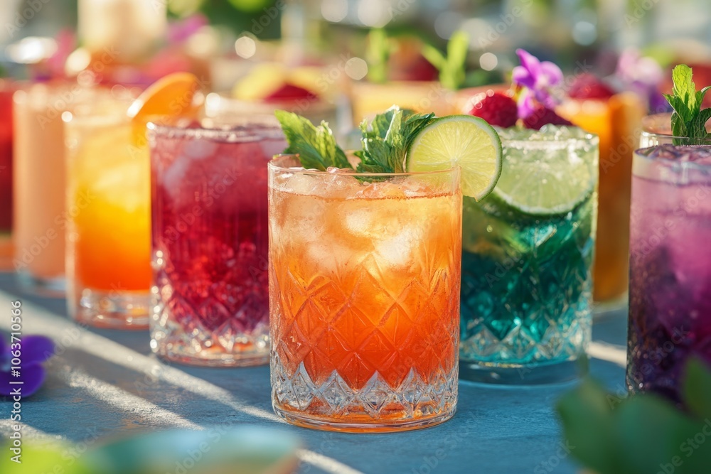 Colorful cocktails refreshing summer drinks with fruits and herbs Colorful cocktails refreshing summer drinks with fruits and herbs