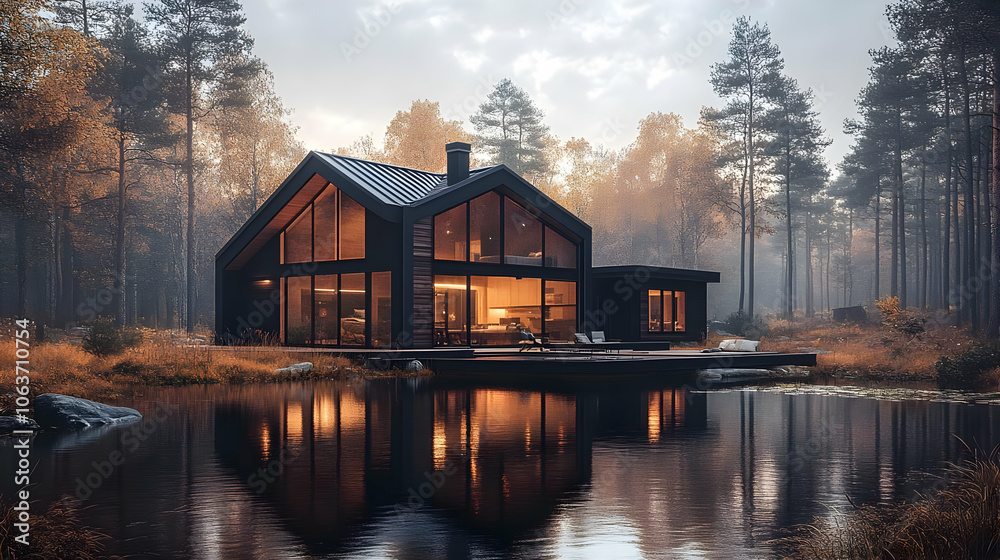 Fototapeta premium Modern Cabin in Autumn Forest Illustration