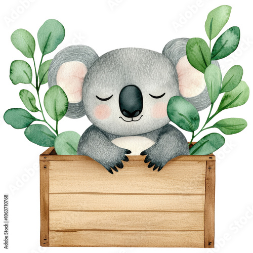 Cute koala resting in a wooden box surrounded by leaves, perfect for nature-themed designs. photo