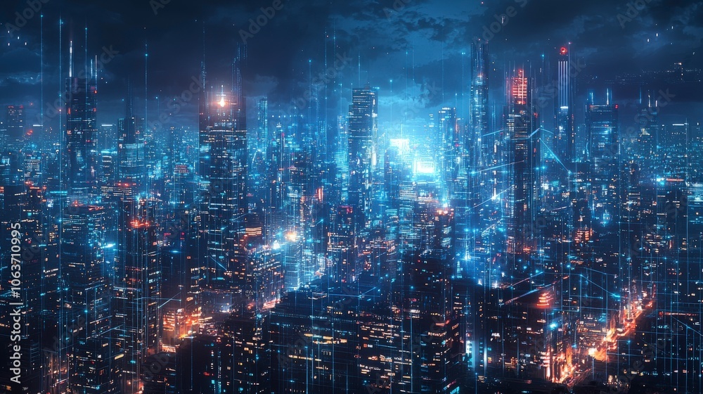 A vibrant futuristic city scene aglow with blue digital beams illuminating skyscrapers, representing digital transformation and boundless technological possibilities. A vibrant futuristic city scene aglow with blue digital beams illuminating skyscrapers, representing digital transformation and boundless technological possibilities.