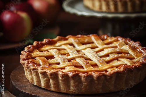 Golden Crust Apple Pie with Lattice Top on Wooden Board