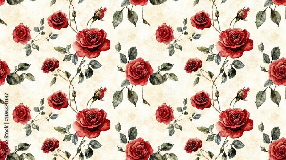 Naklejka premium Seamless watercolor pattern featuring vibrant roses on a soft background ideal for fabric design and home decor