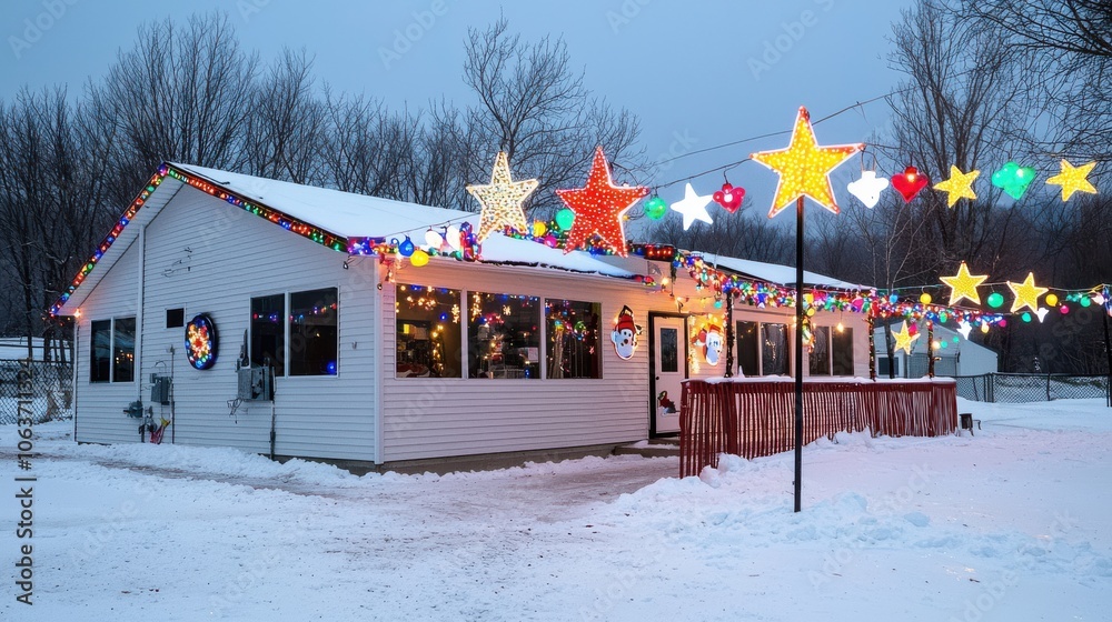 Naklejka premium Festive Home Decorated with Christmas Lights and Stars
