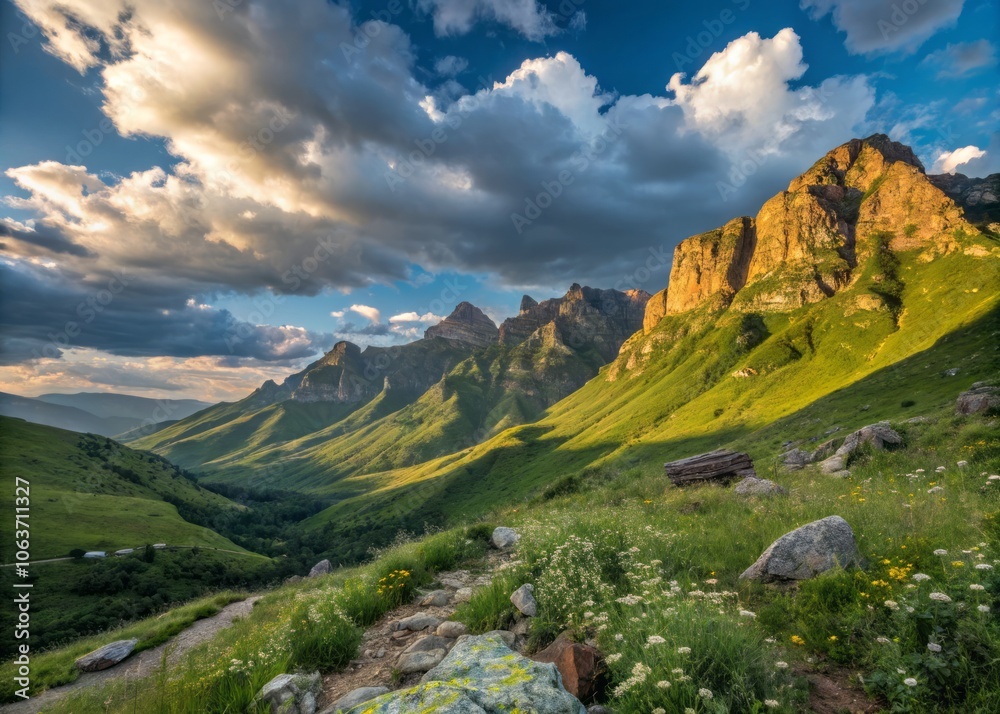 Fototapeta premium Lush Green Mountains Rise Dramatically Above the Valley Floor Under Clear Blue Skies in Nature's Beauty