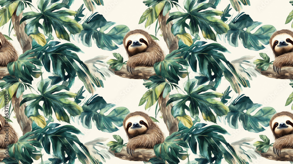 Obraz premium Seamless tropical watercolor pattern featuring a sloth hanging on a tree surrounded by lush leaves ideal for textile design or printed materials