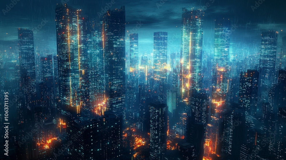 A mesmerizing futuristic city drenched in rain, highlighting towering skyscrapers that glow with blue and orange hues, creating a captivating atmosphere.