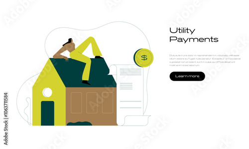 Character calculating and paying utility costs in low energy house. Energy efficiency and utilities consumption at home concept. Vector illustration.