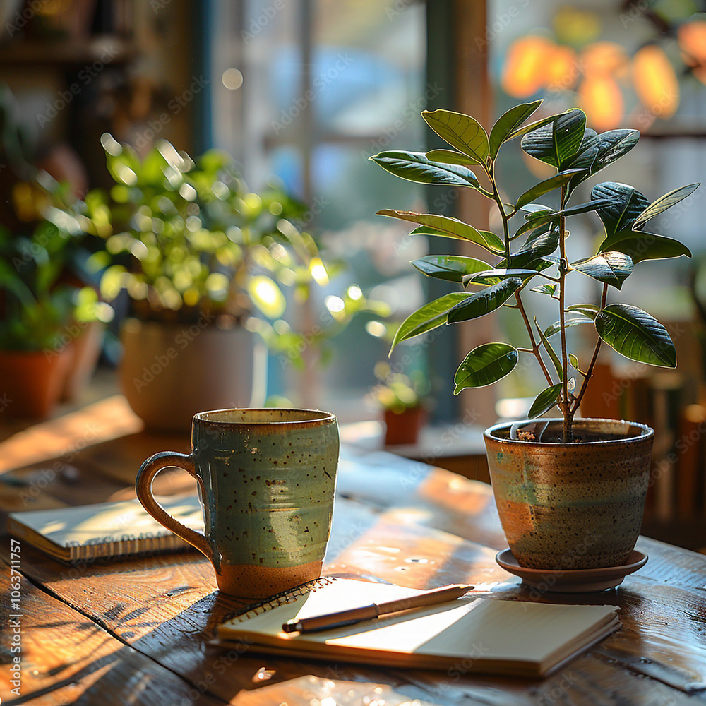 Blank paper and cup of tea on wooden desk generated.AI