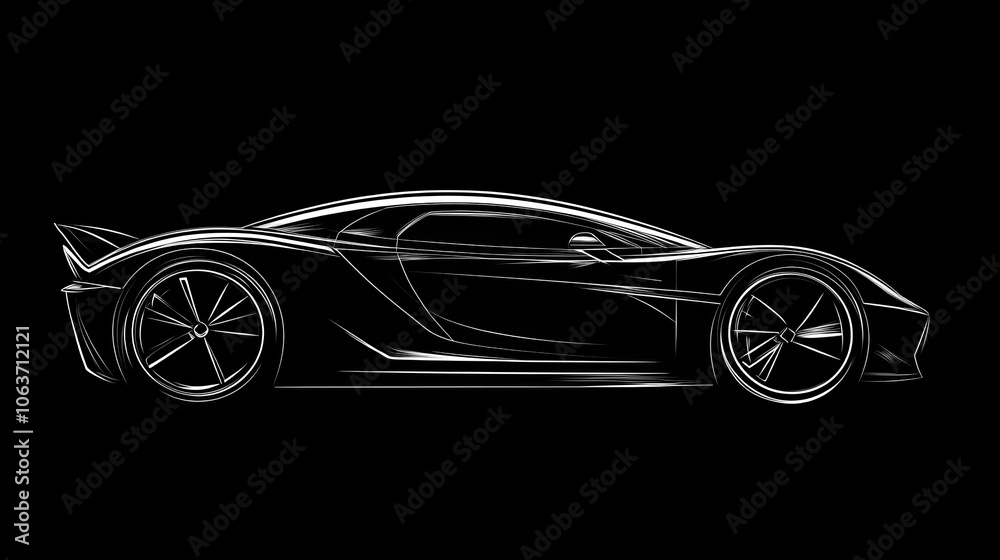 Black line sketch of a sports car, emphasizing its sleek, minimalist design. Black line sketch of a sports car, emphasizing its sleek, minimalist design.