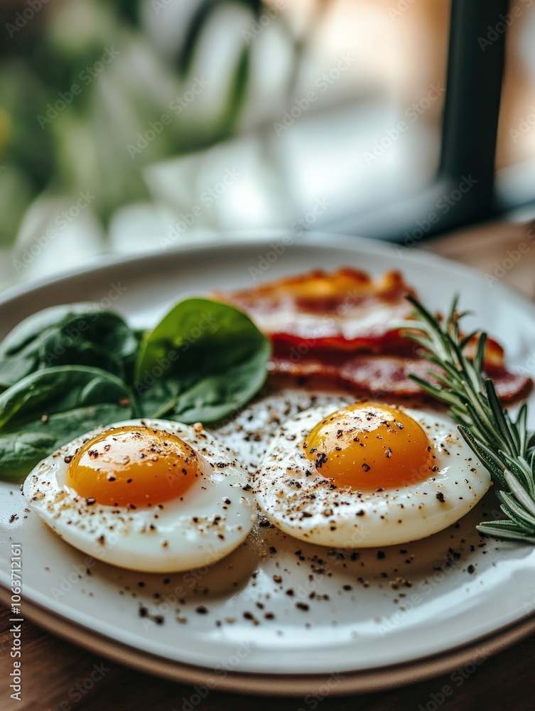 Two perfectly fried eggs with slices of crispy bacon, spinach and rosemary on a white ceramic plate. perfect quick breakfast in a cafe Two perfectly fried eggs with slices of crispy bacon, spinach and rosemary on a white ceramic plate. perfect quick breakfast in a cafe