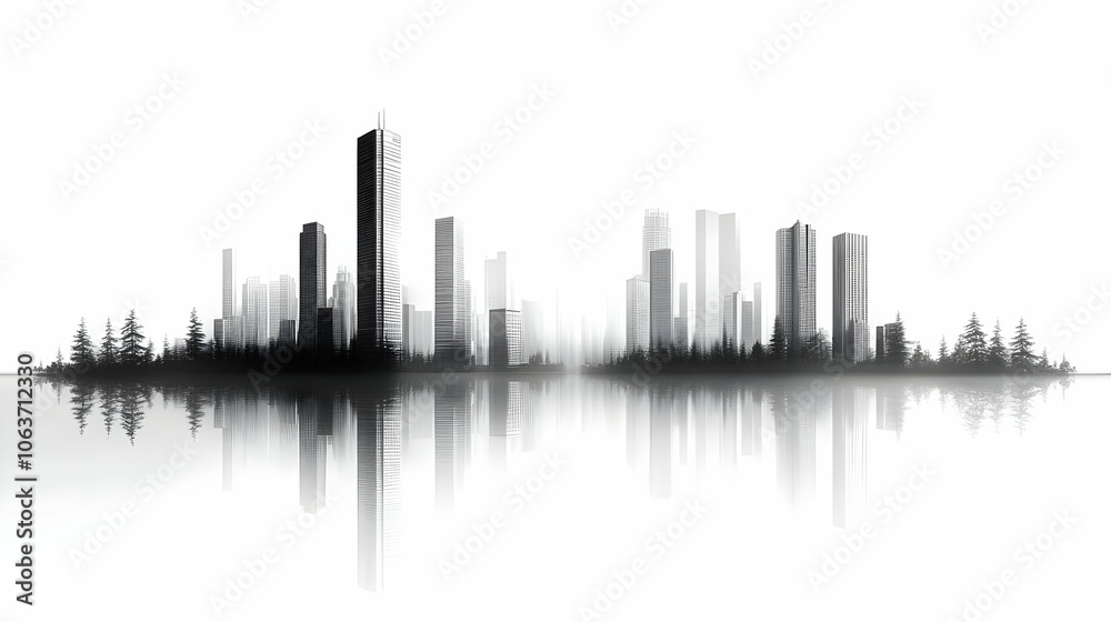 Obraz premium Cityscape Illustration with Reflections