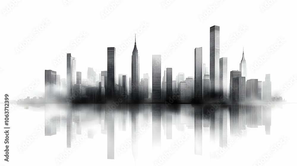 Black and White Skyline Illustration with Reflection Black and White Skyline Illustration with Reflection