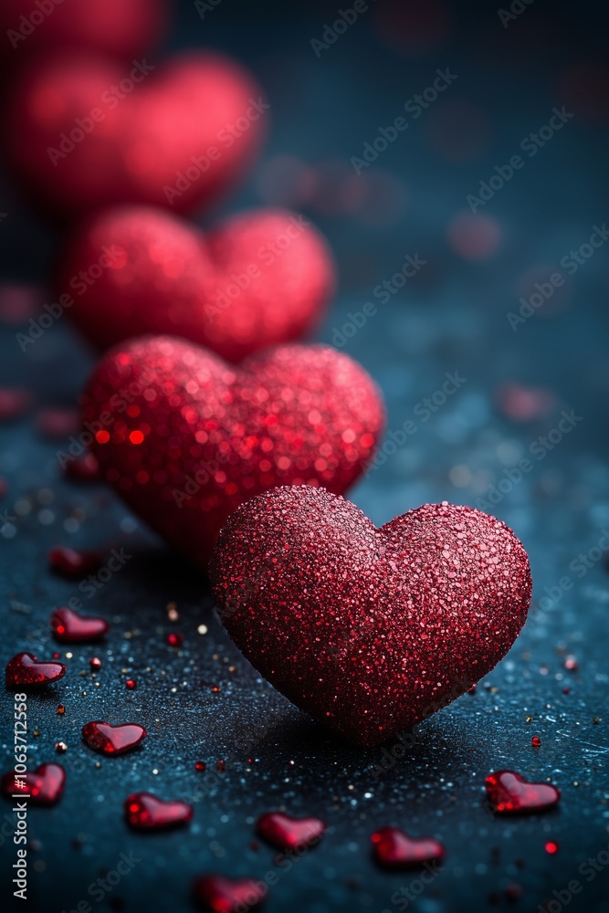 Red glitter hearts creating romantic bokeh effect on dark background Red glitter hearts creating romantic bokeh effect on dark background
