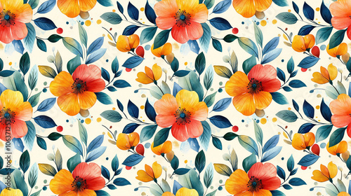 Colorful floral pattern featuring vibrant leaves and flowers illustrated in watercolor perfect for textiles and design projects