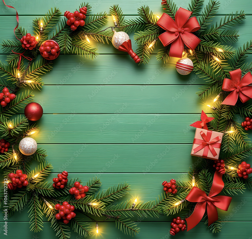 Frame of fir branches, garland with lights and holiday decorations on green wooden background. Christmas and New Year celebration. Winter holidays. Top view, flat lay with space for text. Frame of fir branches, garland with lights and holiday decorations on green wooden background. Christmas and New Year celebration. Winter holidays. Top view, flat lay with space for text.
