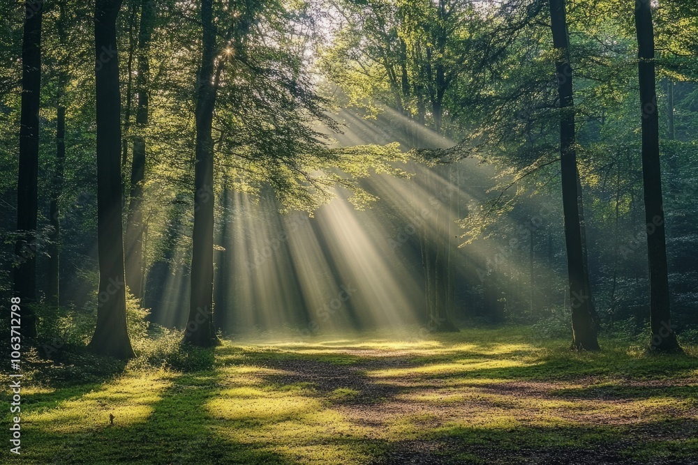 Obraz premium Sunbeams filtering through lush forest canopy creating ethereal atmosphere