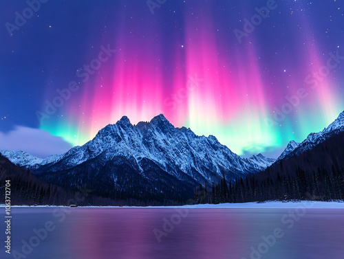 Experience the breathtaking aurora borealis dancing over majestic mountain peaks in a serene winter landscape photo